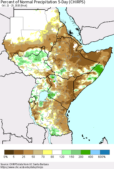 Eastern Africa Percent of Normal Precipitation 5-Day (CHIRPS) Thematic Map For 10/21/2020 - 10/25/2020
