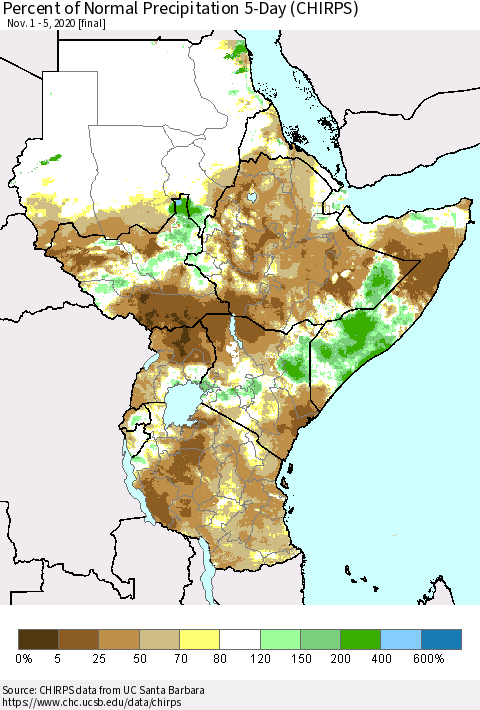 Eastern Africa Percent of Normal Precipitation 5-Day (CHIRPS) Thematic Map For 11/1/2020 - 11/5/2020