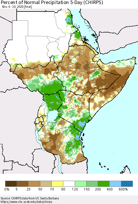 Eastern Africa Percent of Normal Precipitation 5-Day (CHIRPS) Thematic Map For 11/6/2020 - 11/10/2020