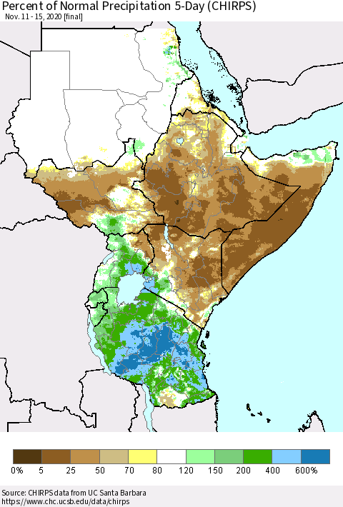 Eastern Africa Percent of Normal Precipitation 5-Day (CHIRPS) Thematic Map For 11/11/2020 - 11/15/2020