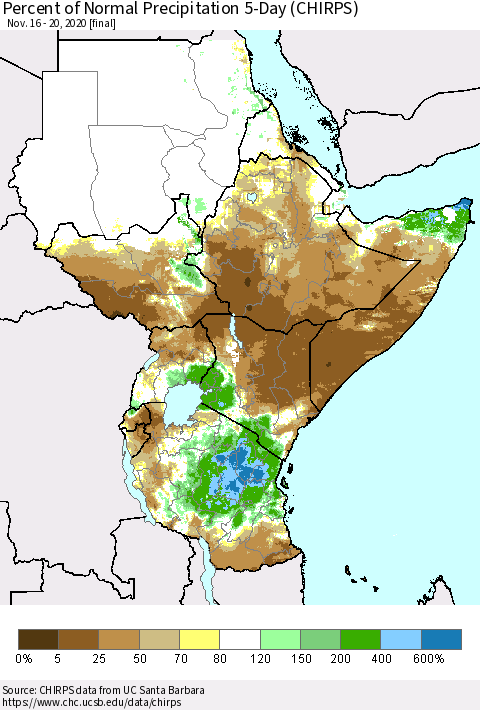 Eastern Africa Percent of Normal Precipitation 5-Day (CHIRPS) Thematic Map For 11/16/2020 - 11/20/2020