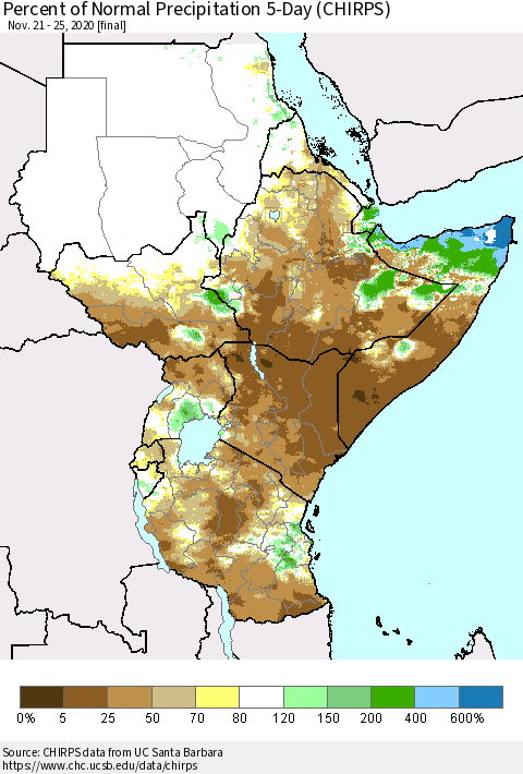 Eastern Africa Percent of Normal Precipitation 5-Day (CHIRPS) Thematic Map For 11/21/2020 - 11/25/2020