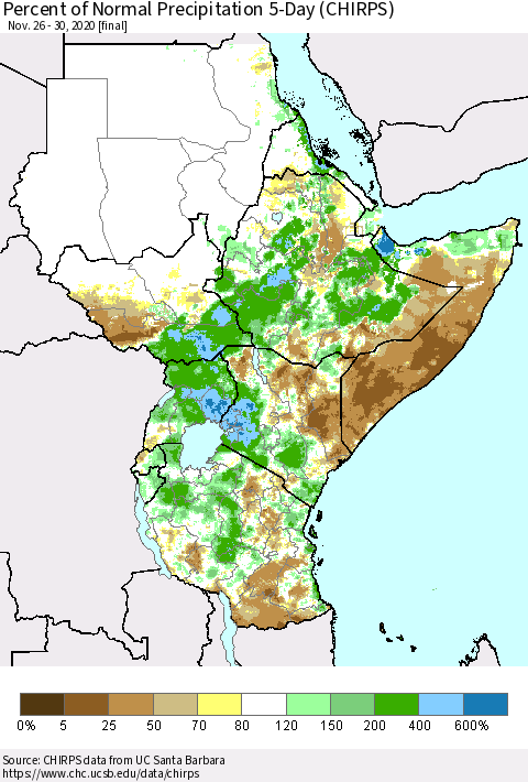 Eastern Africa Percent of Normal Precipitation 5-Day (CHIRPS) Thematic Map For 11/26/2020 - 11/30/2020