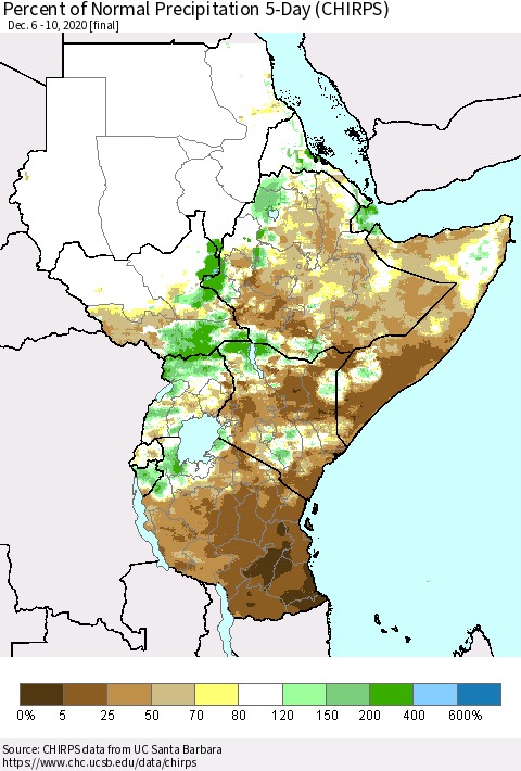 Eastern Africa Percent of Normal Precipitation 5-Day (CHIRPS) Thematic Map For 12/6/2020 - 12/10/2020