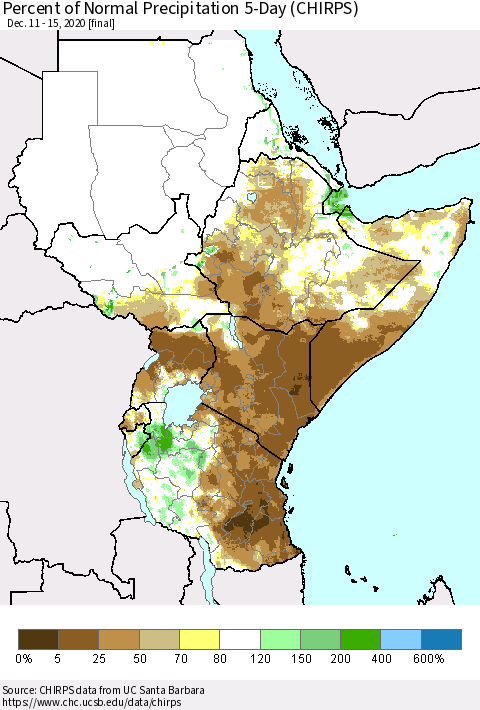 Eastern Africa Percent of Normal Precipitation 5-Day (CHIRPS) Thematic Map For 12/11/2020 - 12/15/2020
