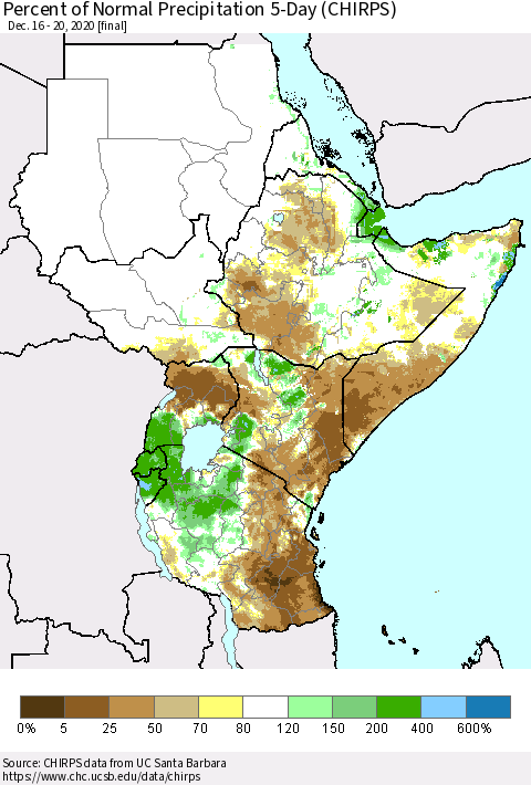 Eastern Africa Percent of Normal Precipitation 5-Day (CHIRPS) Thematic Map For 12/16/2020 - 12/20/2020