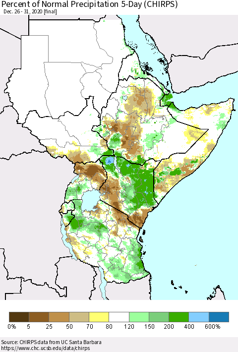 Eastern Africa Percent of Normal Precipitation 5-Day (CHIRPS) Thematic Map For 12/26/2020 - 12/31/2020