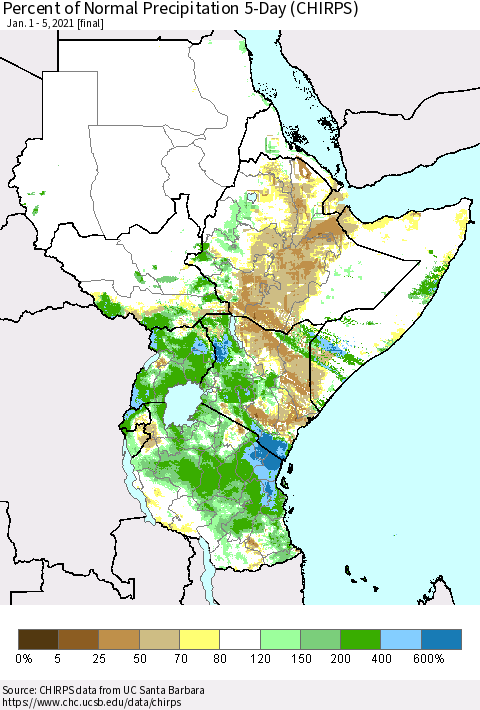 Eastern Africa Percent of Normal Precipitation 5-Day (CHIRPS) Thematic Map For 1/1/2021 - 1/5/2021