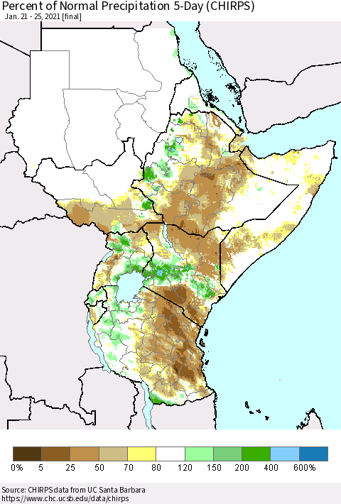 Eastern Africa Percent of Normal Precipitation 5-Day (CHIRPS) Thematic Map For 1/21/2021 - 1/25/2021
