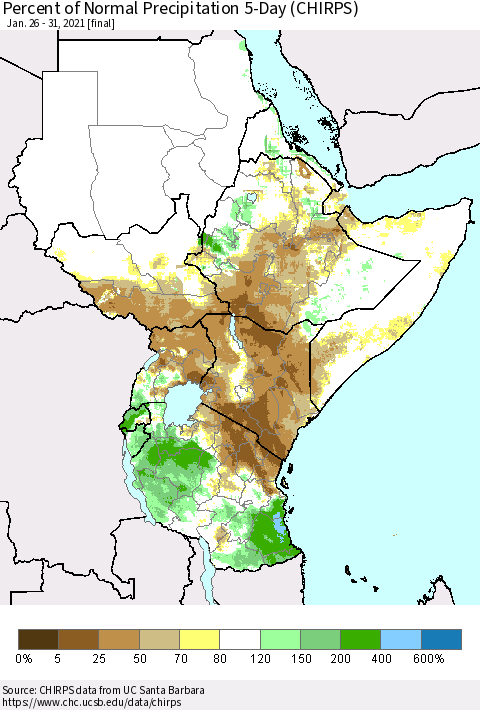 Eastern Africa Percent of Normal Precipitation 5-Day (CHIRPS) Thematic Map For 1/26/2021 - 1/31/2021