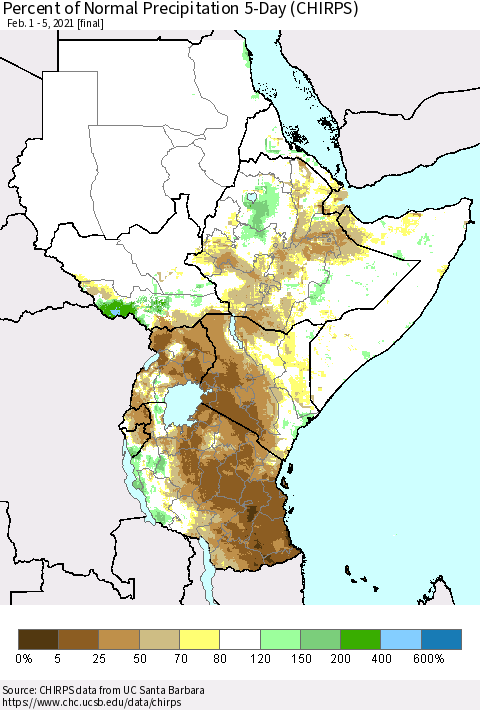 Eastern Africa Percent of Normal Precipitation 5-Day (CHIRPS) Thematic Map For 2/1/2021 - 2/5/2021