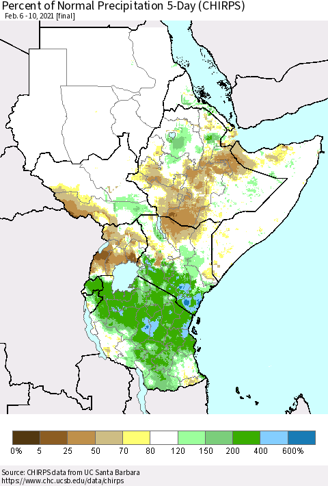 Eastern Africa Percent of Normal Precipitation 5-Day (CHIRPS) Thematic Map For 2/6/2021 - 2/10/2021