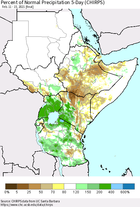 Eastern Africa Percent of Normal Precipitation 5-Day (CHIRPS) Thematic Map For 2/11/2021 - 2/15/2021