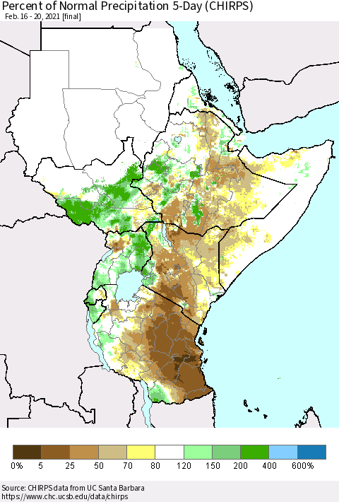 Eastern Africa Percent of Normal Precipitation 5-Day (CHIRPS) Thematic Map For 2/16/2021 - 2/20/2021