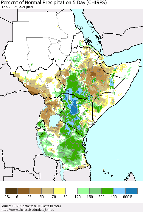 Eastern Africa Percent of Normal Precipitation 5-Day (CHIRPS) Thematic Map For 2/21/2021 - 2/25/2021