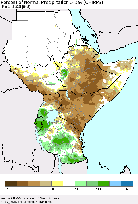 Eastern Africa Percent of Normal Precipitation 5-Day (CHIRPS) Thematic Map For 3/1/2021 - 3/5/2021