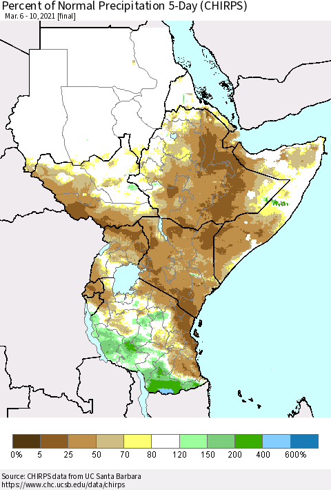 Eastern Africa Percent of Normal Precipitation 5-Day (CHIRPS) Thematic Map For 3/6/2021 - 3/10/2021
