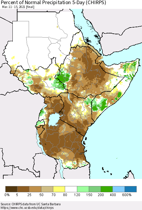 Eastern Africa Percent of Normal Precipitation 5-Day (CHIRPS) Thematic Map For 3/11/2021 - 3/15/2021