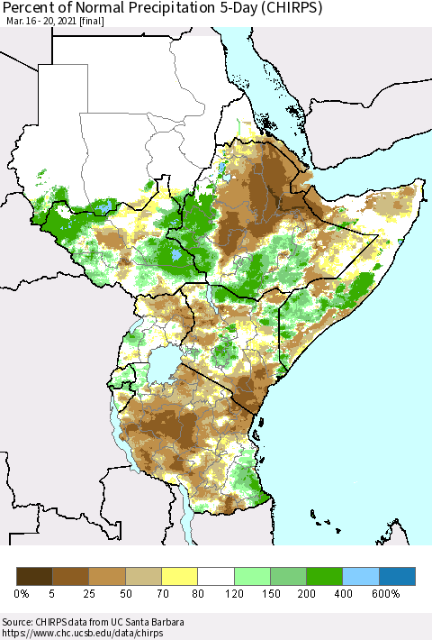 Eastern Africa Percent of Normal Precipitation 5-Day (CHIRPS) Thematic Map For 3/16/2021 - 3/20/2021