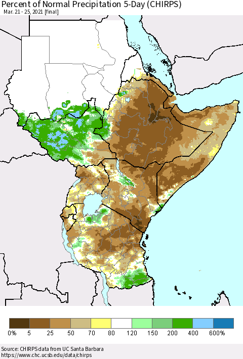 Eastern Africa Percent of Normal Precipitation 5-Day (CHIRPS) Thematic Map For 3/21/2021 - 3/25/2021