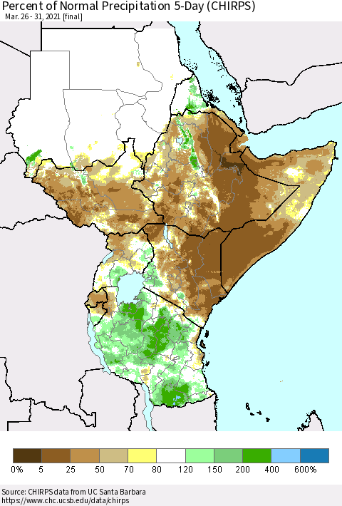 Eastern Africa Percent of Normal Precipitation 5-Day (CHIRPS) Thematic Map For 3/26/2021 - 3/31/2021