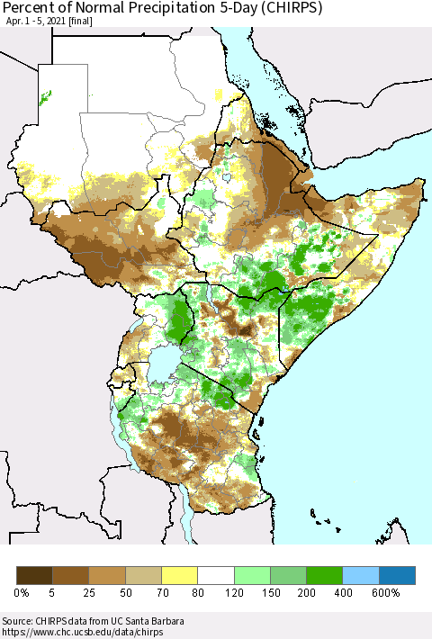 Eastern Africa Percent of Normal Precipitation 5-Day (CHIRPS) Thematic Map For 4/1/2021 - 4/5/2021