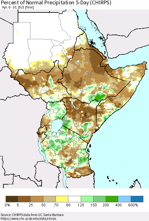 Eastern Africa Percent of Normal Precipitation 5-Day (CHIRPS) Thematic Map For 4/6/2021 - 4/10/2021