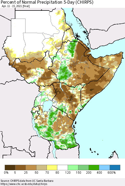 Eastern Africa Percent of Normal Precipitation 5-Day (CHIRPS) Thematic Map For 4/11/2021 - 4/15/2021