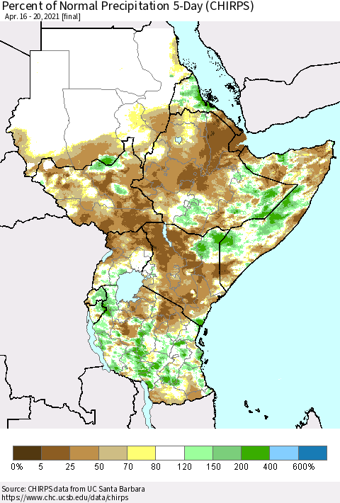 Eastern Africa Percent of Normal Precipitation 5-Day (CHIRPS) Thematic Map For 4/16/2021 - 4/20/2021