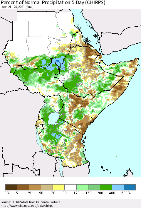 Eastern Africa Percent of Normal Precipitation 5-Day (CHIRPS) Thematic Map For 4/21/2021 - 4/25/2021