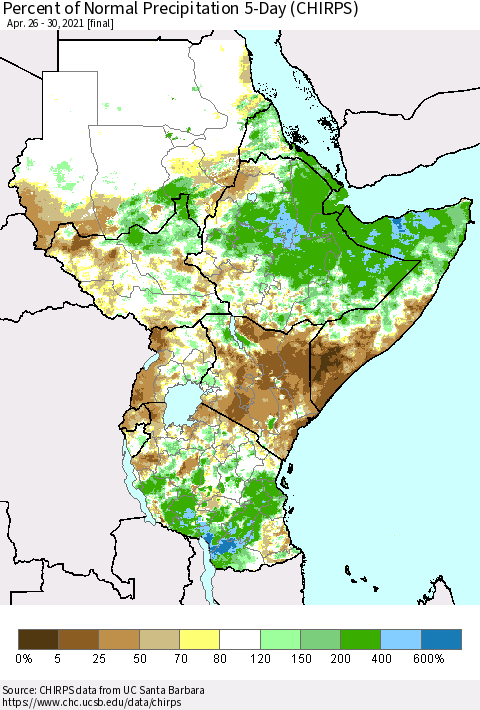 Eastern Africa Percent of Normal Precipitation 5-Day (CHIRPS) Thematic Map For 4/26/2021 - 4/30/2021