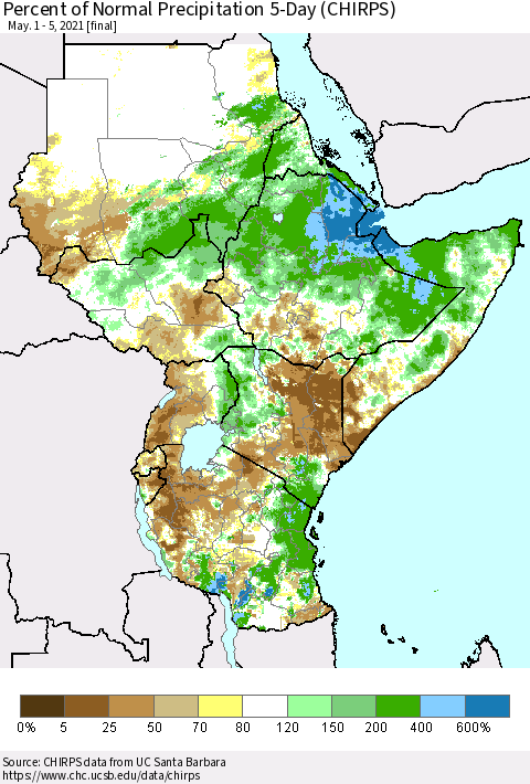Eastern Africa Percent of Normal Precipitation 5-Day (CHIRPS) Thematic Map For 5/1/2021 - 5/5/2021