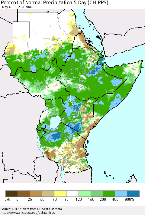 Eastern Africa Percent of Normal Precipitation 5-Day (CHIRPS) Thematic Map For 5/6/2021 - 5/10/2021