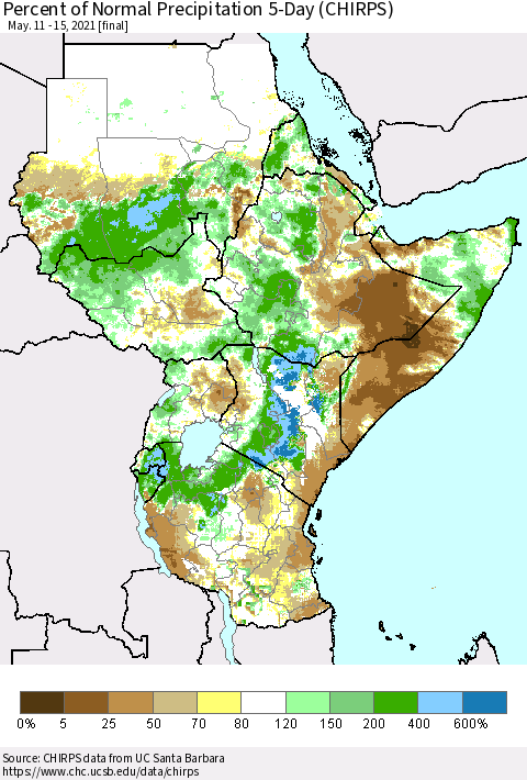 Eastern Africa Percent of Normal Precipitation 5-Day (CHIRPS) Thematic Map For 5/11/2021 - 5/15/2021