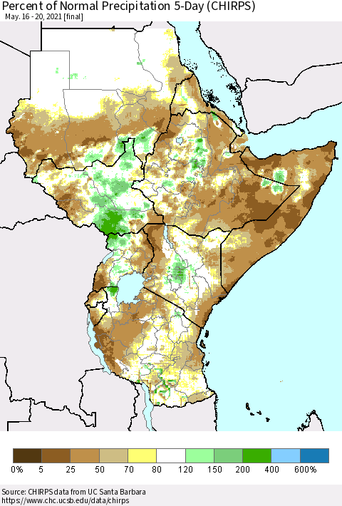 Eastern Africa Percent of Normal Precipitation 5-Day (CHIRPS) Thematic Map For 5/16/2021 - 5/20/2021