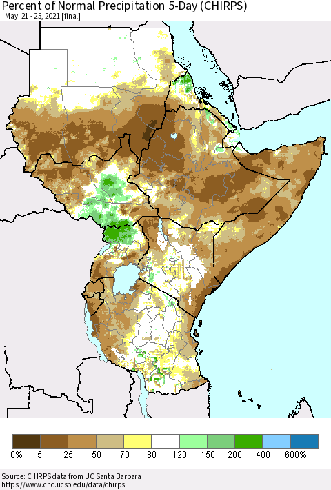 Eastern Africa Percent of Normal Precipitation 5-Day (CHIRPS) Thematic Map For 5/21/2021 - 5/25/2021