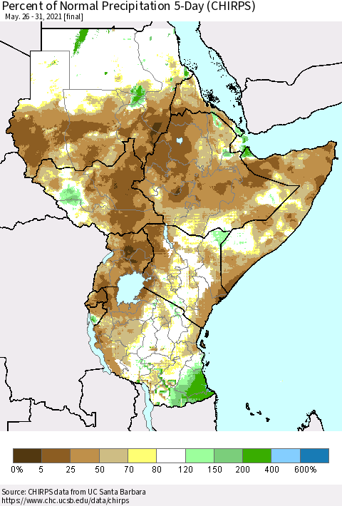 Eastern Africa Percent of Normal Precipitation 5-Day (CHIRPS) Thematic Map For 5/26/2021 - 5/31/2021