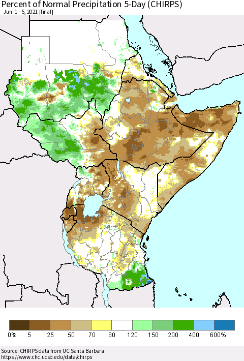 Eastern Africa Percent of Normal Precipitation 5-Day (CHIRPS) Thematic Map For 6/1/2021 - 6/5/2021