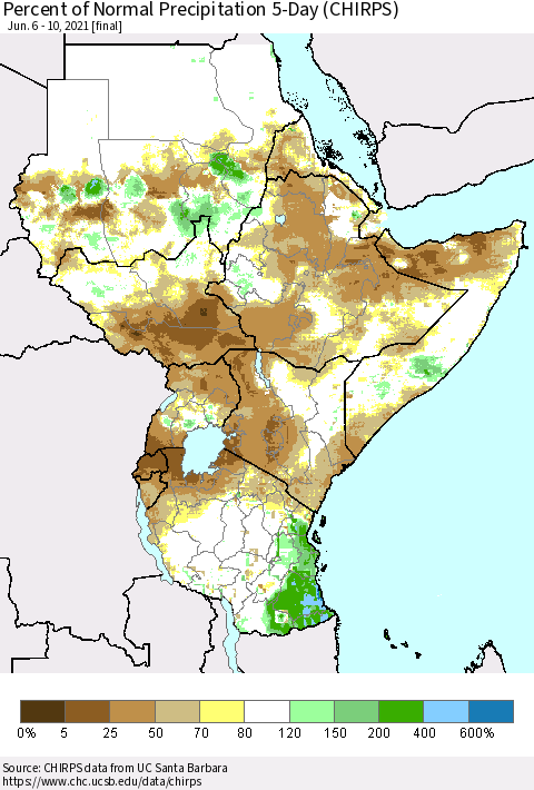 Eastern Africa Percent of Normal Precipitation 5-Day (CHIRPS) Thematic Map For 6/6/2021 - 6/10/2021