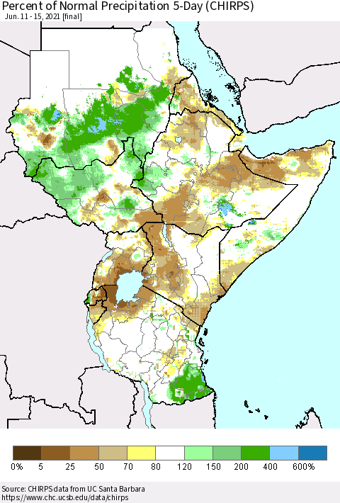 Eastern Africa Percent of Normal Precipitation 5-Day (CHIRPS) Thematic Map For 6/11/2021 - 6/15/2021