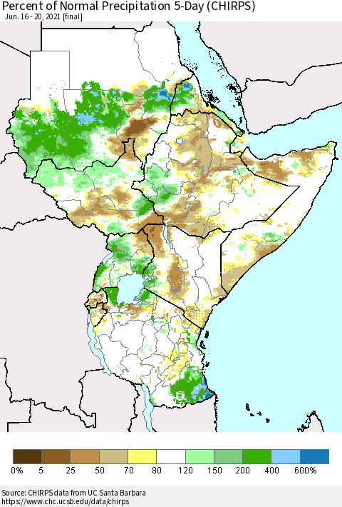 Eastern Africa Percent of Normal Precipitation 5-Day (CHIRPS) Thematic Map For 6/16/2021 - 6/20/2021