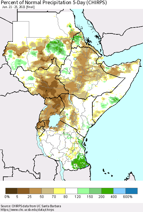 Eastern Africa Percent of Normal Precipitation 5-Day (CHIRPS) Thematic Map For 6/21/2021 - 6/25/2021