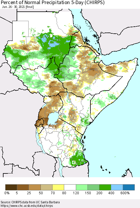 Eastern Africa Percent of Normal Precipitation 5-Day (CHIRPS) Thematic Map For 6/26/2021 - 6/30/2021