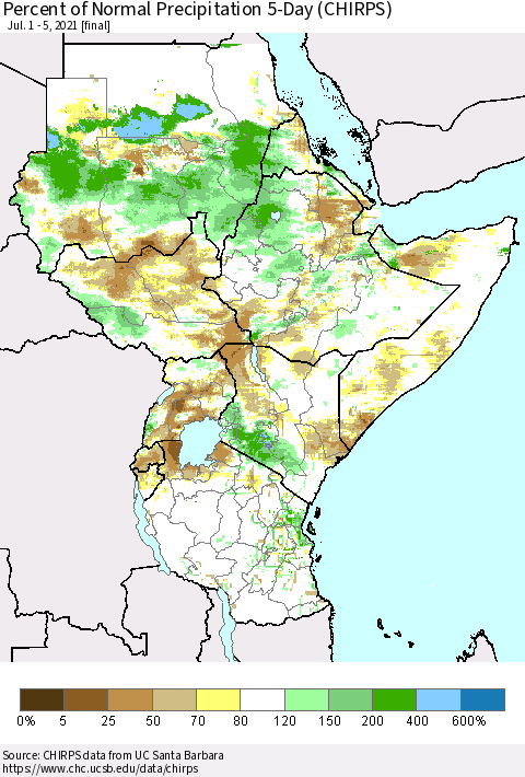Eastern Africa Percent of Normal Precipitation 5-Day (CHIRPS) Thematic Map For 7/1/2021 - 7/5/2021