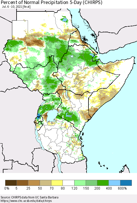 Eastern Africa Percent of Normal Precipitation 5-Day (CHIRPS) Thematic Map For 7/6/2021 - 7/10/2021