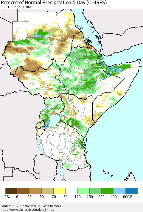 Eastern Africa Percent of Normal Precipitation 5-Day (CHIRPS) Thematic Map For 7/11/2021 - 7/15/2021