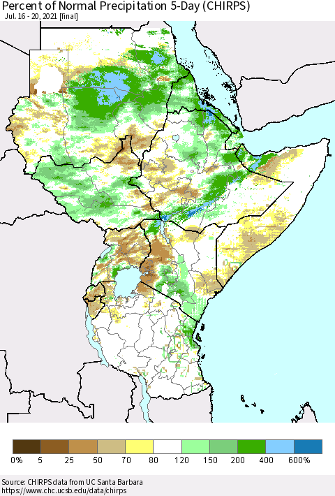 Eastern Africa Percent of Normal Precipitation 5-Day (CHIRPS) Thematic Map For 7/16/2021 - 7/20/2021