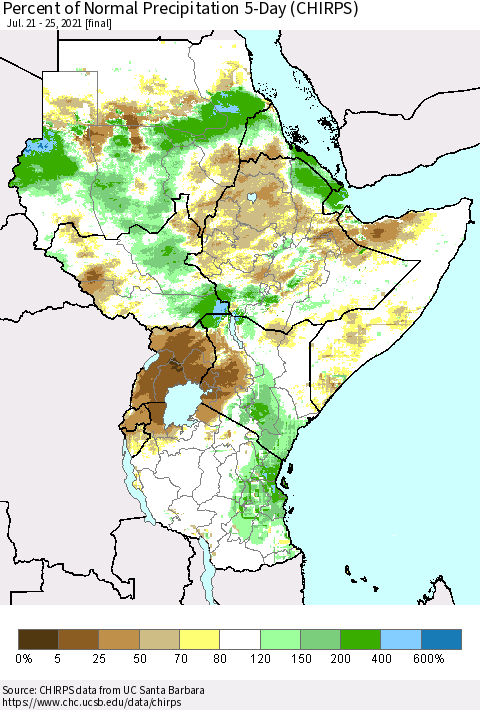 Eastern Africa Percent of Normal Precipitation 5-Day (CHIRPS) Thematic Map For 7/21/2021 - 7/25/2021