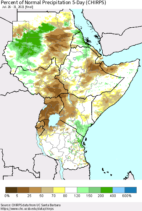 Eastern Africa Percent of Normal Precipitation 5-Day (CHIRPS) Thematic Map For 7/26/2021 - 7/31/2021