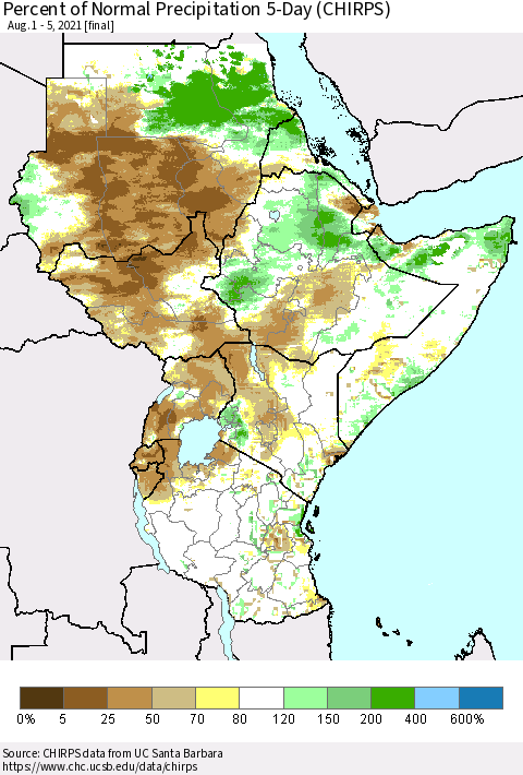 Eastern Africa Percent of Normal Precipitation 5-Day (CHIRPS) Thematic Map For 8/1/2021 - 8/5/2021